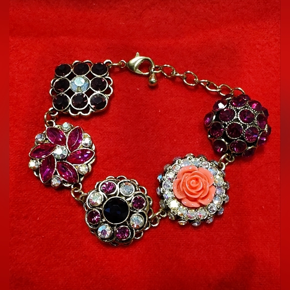 Source Unknown Jewelry - Floral Gemstone Bracelet - Pink, Red, Gold